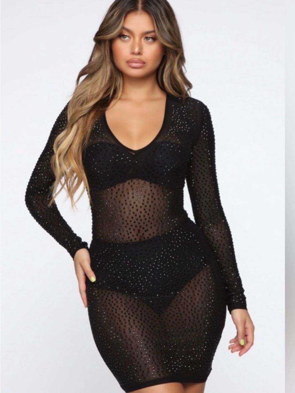 Sheer Black Rhinestone Long Sleeve Bodycon Dress NWT